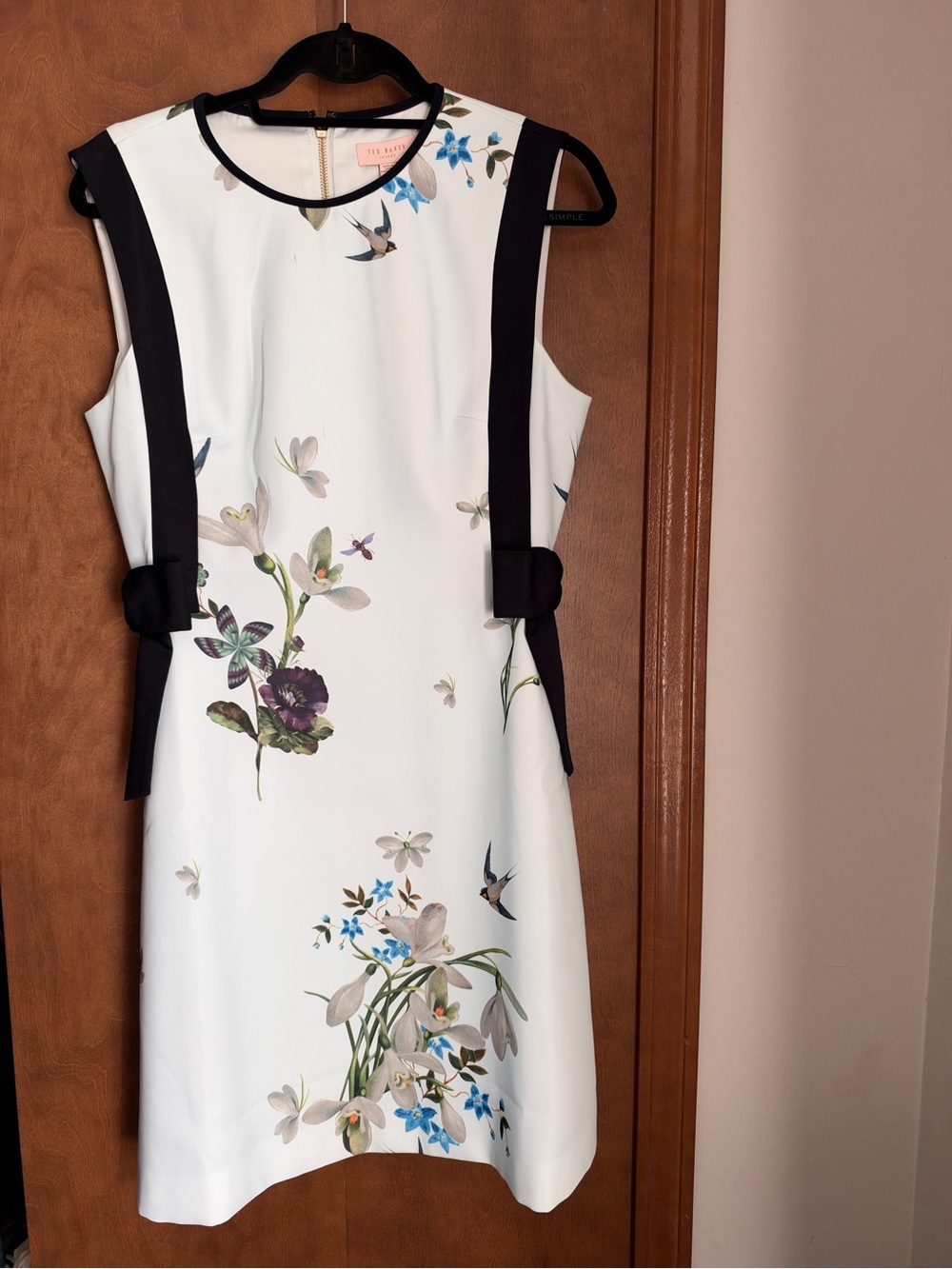 Ted Baker White Floral Sheath Dress with Black Side Panels and Bows